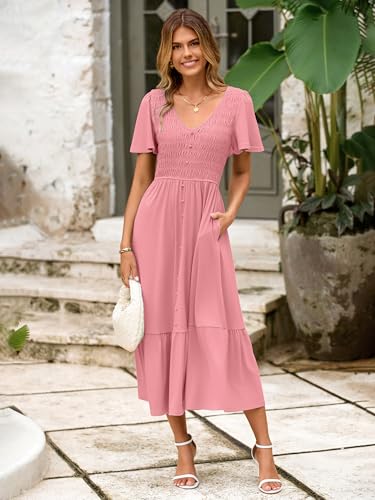 Image of Simplee Womens Summer Smocked Flowy Dress - Casual Flutter Sleeve Tiered Boho Maxi Dresses with Pockets