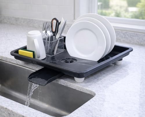 Image of SmartSlide Dish Drainer Tray for Kitchen Sink | Plastic Utensil Drying Tray with Water Drain Spout | Countertop Dish Drying Stand (12 x 17 Inch) (Black)