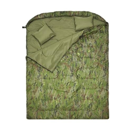 寝袋 オールシーズン対応 2人用 防水シュラフ 連結可能 210T 防水・防寒設計 コンパクト収納 車中泊・アウトドア・防災用 収納バッグ・枕付き 快適使用温度5℃ 丸洗いOK (カモフラージュ + オリーブ)