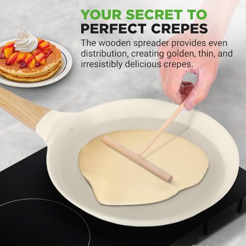 NutriChef 11” Non-Stick Crepe Pan with Wooden Spreader, Durable Marble Coated Tawa Pan for Roti Indian, Comal para Tortillas and Tacos With Induction Bottom, Round Griddle (White Cream Marble) by NutriChef - Image 2