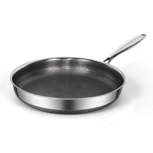 XINGMENGXIANG Stainless Steel Skillet, PFOA-Free, Flat Bottom Design, Induction Cooktop Compatible, Works on All Stovetops, Cool-Touch Handle, Easy to Clean, Heat Resistant to 700°F, 10 Inches