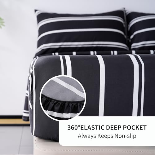 Image of Best Season Stripe Bed Sheets Set,4 Piece Super Soft Microfiber Bedding-Deep Pocket,Ultra Soft,Fade & Wrinkle Resistant(Full Size,Black&White)