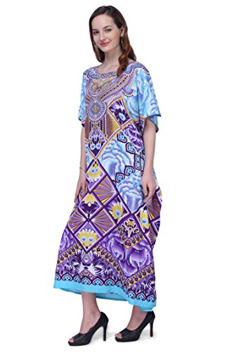 Image of Miss Lavish London Swimwear Cover ups Kaftan Dresses for Women Ethnic Print V Neck, Beach Coverups Plus Size, Side Slit & Pockets on Both Sides, Womens Beach Resort Wear-Purple-3XL
