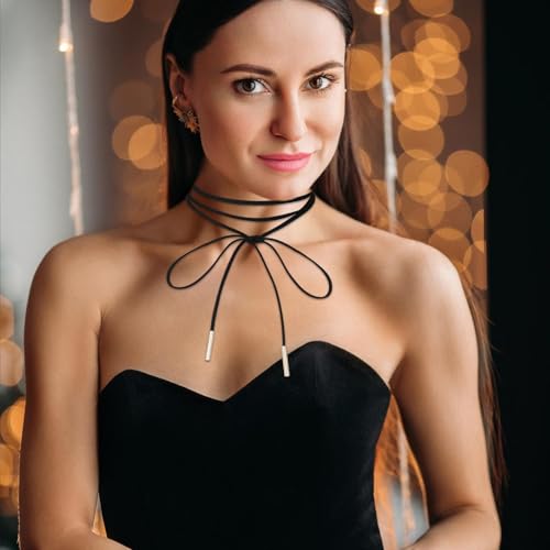 Black Choker Necklace Gothic Bow knot Choker for Women Velvet Long Wrap Rope Collar Tie Neck Chain with Gold Tube Ribbon Suede Jewelry for Party Prom 5
