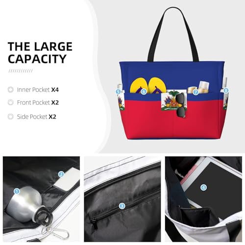 Haitian flag Large capacity beach bag with zipper, perfect for grocery bag pool gym travel shopping foldable beach travel bag,3