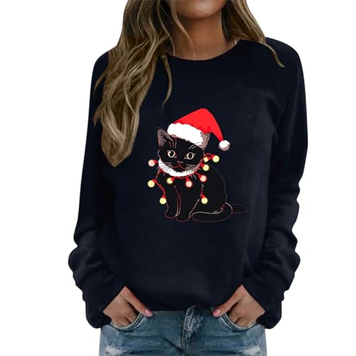 Sweat-shirt de Noël pour femmes avec manches raglan et motif chat