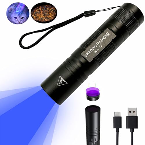 UNROEVS UV Flashlight Rechargeable 365nm Black Light for Pet Urine Detection,Small Ultraviolet Flashlight for Resin Curing,Rocks and Minerals,High Definition Pure Ultraviolet（Battery Included）