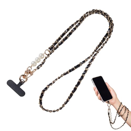 Derwrtup Cordón para smartphone, perlas artificiales, cadena para smartphone, para aplicación, para fiestas, compras, viajes, al aire libre, oficina y turismo, Negro , Siehe Beschreibung