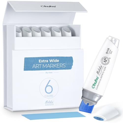 Ohuhu Alcohol Markers Extra Wide Broad Tip - Refillable Ink- 6 Colors of Sky Glass - 1-18mm Nib Calligraphy Markers for Background Poster Design Rende