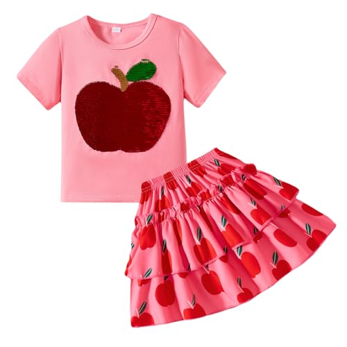 Image of Little Girls Skirt Set - 2 Piece Short Sleeve Top Shirred Tiered Skirt Outfit Girls Spring Summer Clothes 3-8 Years