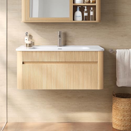 ModernMate 30 Inch Floating Bathroom Vanity with Ceramic Sink Combo Solid Wood Curved Frame Fluted Modern Wall Mounted Single Cabinet Smart Storage Soft-Close Drawer Easy Assembly Oak