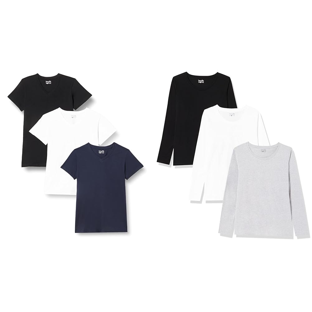 berydale T-Shirt pour Le Sport et Les Loisirs avec Un col en V, Femmes, (Lot de 3), Chemise à Manches Longues et col Rond en 100% Coton