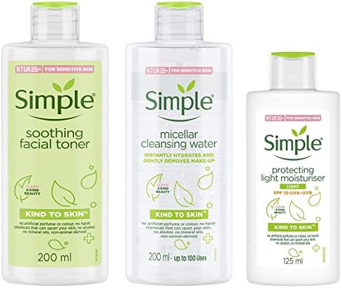 simple Kind To Skin Protecting Light Moisturiser Lotion Spf15 & Kind To Skin Micellar Cleansing Water & Kind To Skin Soothing Facial Toner
