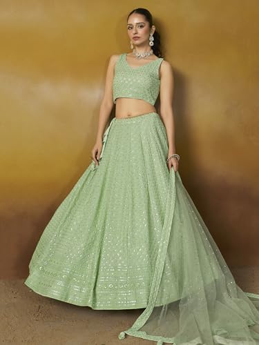 Image of Zeel Clothing Women's Sequins Thread Embroidered Georgette Lehenga Choli With Dupatta (5124-Women-Lehenga-Choli-New; Free size)