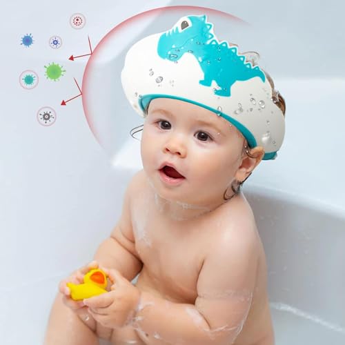 Image of FUNUPUP Baby Shower Cap for Kids, Baby Bath Shampoo Visor Cap Hair Washing Shield Adjustable, Blue Dinosaur
