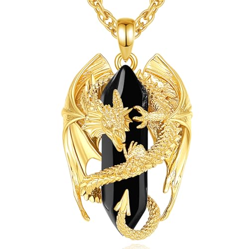 INFUSEU Dragon Pendant Necklace Men Women Black Obsidian Crystal Jewelry Spiritual Protection Gifts Big Birthday Gothic Goth Punk Stuff Cool Personalized Present
