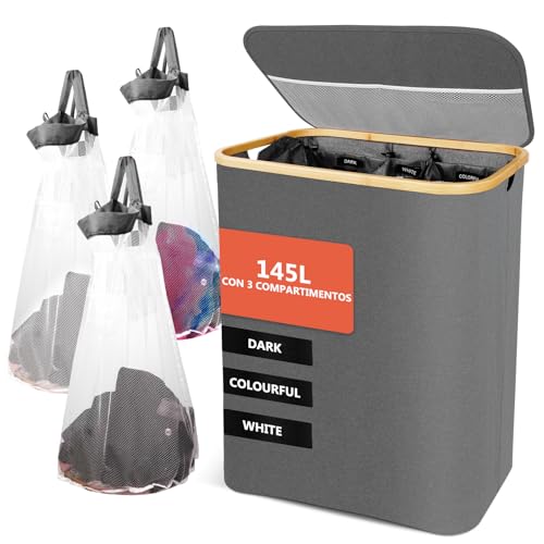 SOUTHGATE 145L Cesto de Ropa Sucia con Tapa de Bambú, Cesta Ropa Sucia con 3 Compartimentos, Cubo Ropa Sucia con 3 Bolsas de Lavandería Extraíbles,Baño para Lavadero