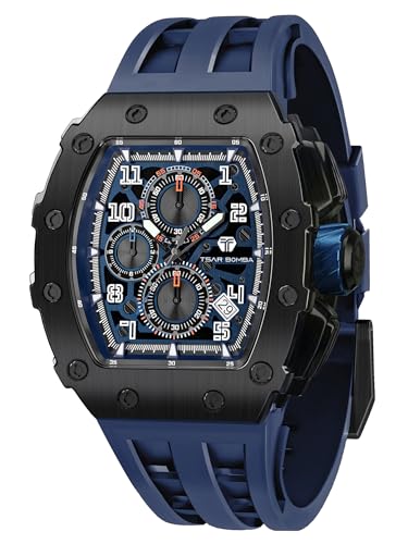 TSAR BOMBA Watches for Men Luxury Mens Watch Chronograph 50M Waterproof Sapphire Glass Japan Quartz Movement Silicone Strap Classic Tonneau Design Luminous Calendar Wrist Watches