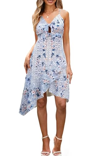 Image of ECOWISH Polka Dot Women Summer Dresses Casual Midi A Line Ruffle High Low Sleeveless Boho Floral Halterneck Cocktail Sundress