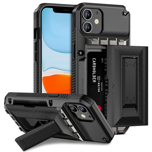 Aolcev for iPhone 11 Case with Card Holder [4 Cards] with Stand Heavy Duty Shockproof Protection Dual Layer Hard PC Soft TPU Bumper Card Slot Wallet Cases for iPhone 11 Phone Case for Men Women-Black
