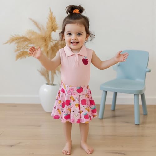 Kids Girl Back to School 2 Piece Outfits Summer Sleeveless Lapel Apple Graphic Tank Tops and Pleated Skirt Set4