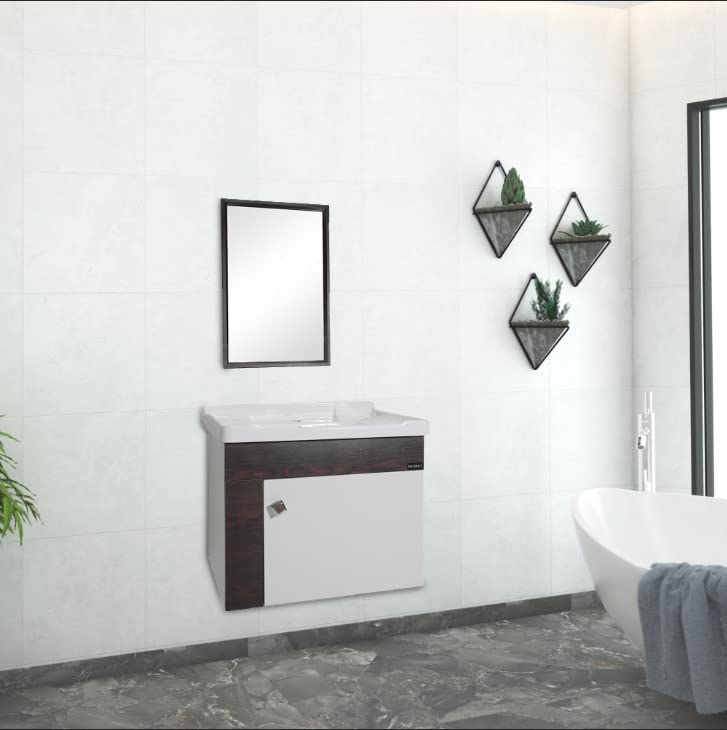 REDBAY Renzo 24 Inch Wall Mount Bathroom Vanity Washbasin Cabinet in White & Walnut Brown with Matching Mirror, Bathroom Cabinet, Basin Cabinet for Bathroom, Integrated Sink