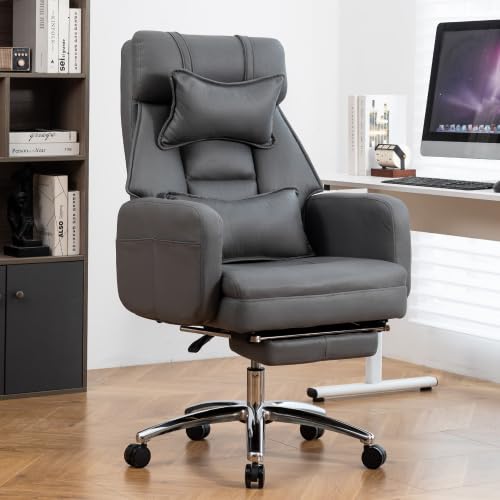 kozamas Silla ejecutiva con función reclinable y reposapiés – Silla de oficina ergonómica regulable en altura con reposacabezas y soporte lumbar, respaldo alto de piel sintética transpirable en color