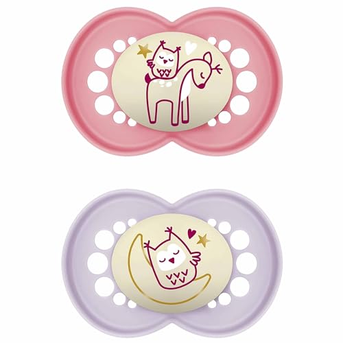 MAM Night 16+M Soother 2PK – Pink Baby Soothers with Self Sterilising Travel Case, Newborn Essentials, Glow in The Dark (Designs May Vary)