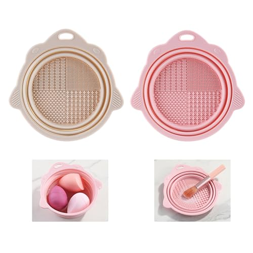 Makeup Brush Cleaner Bowl, 2 Pieces Foldable Silicone Makeup Cleaning Tools for Brushes, Sponge and Puff, Portable Make up Brush Cleaner for Travel (Pink, Gray)