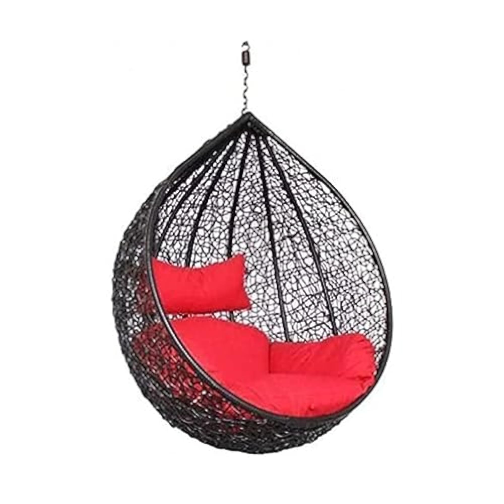 Hanging Egg Chair, Black Wicker with Red Cushions