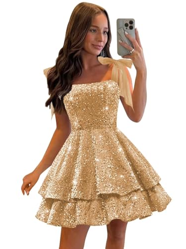 TORYEMY Sequin Homecoming Dresses with Bow Tiered Spaghetti Straps Champagne Cocktail Dresses for Teens Size 4