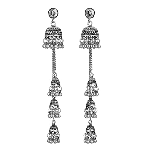 Boho Vintage Jhumka Jhumki Tassel Dangle Statement Earrings for Women Girls Oxidized Jewelry Long Drop Chandelier Earring Traditional Ethnic Gypsy Beads Bohemian Bollywood Indian Jewelry Gift