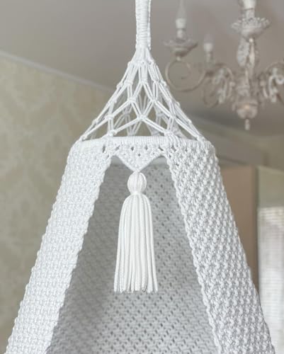 Image of KAAHIRA Bohemian Macrame Hanging Swing Chair- Aesthetic Cotton Rope Hammock for Indoor & Outdoor - Patio, Balcony, Bedroom, Living Room, Garden-Kids, Adults & Pets - Boho Decor (White with Grey)