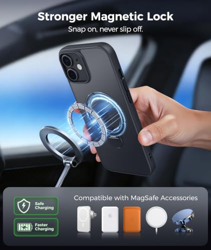Image of FNTCASE for iPhone 12 Case: iPhone 12 Pro Phone Case [360 Spin Magnetic Stand] [Compatible with Magsafe] [Screen Protector] Translucent Matte Military Grade Shockproof Phone Cover - Black