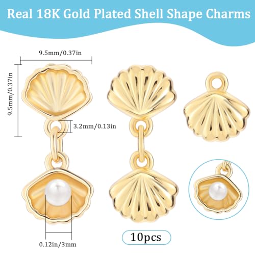 Beebeecraft 1 Box 10Pcs Real 18K Gold Plated Seashell Charms Open Shell Pendant Charm with Round Plastic Imitation Pearls Ocean Animal Pendants Findings for Jewelry Making Necklaces Supplies DIY Craft - Image 2