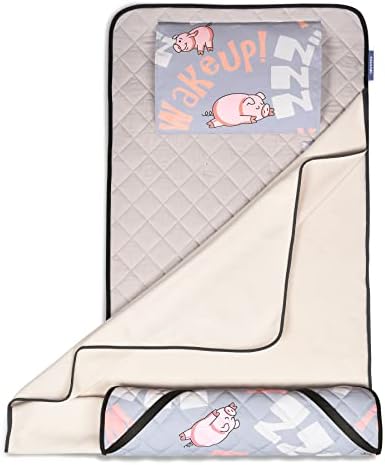 KRAND Kids Nap Mat with Washable Pillow and Blanket All-in-One Comfy Bedding for Toddler Boys & Girls Preschool Daycare Cot,Features 100% Cotton Sleep Side and Elastic Straps-Waking Up