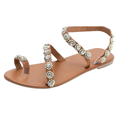 FAMOORE Sandals For Women Wide Width Women's Fashion Casual Flip Flop Flat Crystal Slippers Beach Sandals Roman Shoes Brown 8