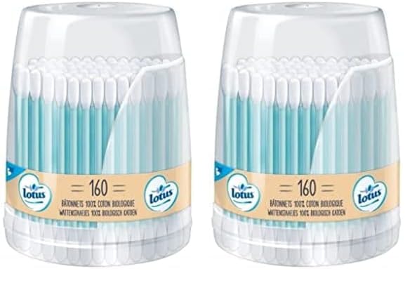 Lotus Coton-tiges en papier et Coton Bio - Boîte de 160 Bâtonnets - Bleu ou Rose (Lot de 2)