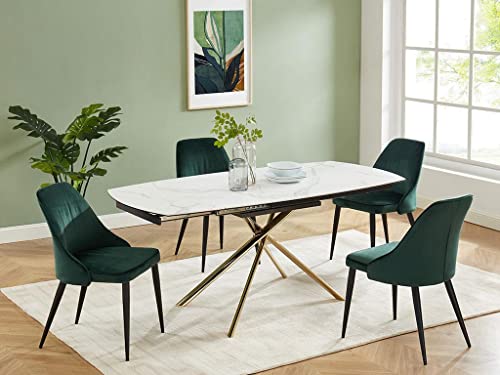 Vente-unique Table à Manger Extensible AFLILA - 4 à 6 Couverts - Céramique et Métal - Effet marbre Blanc