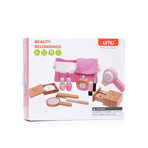 umu Wooden Beauty Salon Toys for Girls Makeup Playset 12 Piece Kit with Makeup, Brush, Mirror and Cosmetics Case for 3, 4 and 5 Olds - Thumbnail 7