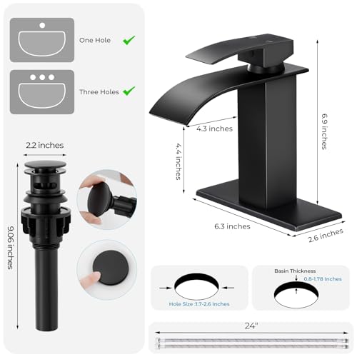 RNDIOZD Matte Black Bathroom Faucets, Waterfall Bathroom Sink Faucet Modern Single Handle Bathroom Faucte 1 or 3 Hole, RV Mixer Tap Vanity Faucet - Includes Pop-up Drain Supply Hoses Deck Plate by RNDIOZD - Image 5