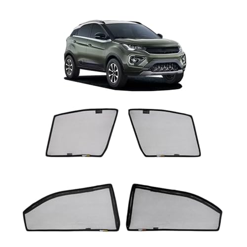 Image of Amazon Basics Side Window Sun Shade for Tata Nexon (2023 Onwards) - Front Half Cut + Rear Zipper | Custom-Fit Magnetic Car Curtains | Black | Pack of 4 Pcs | Cotton Mesh