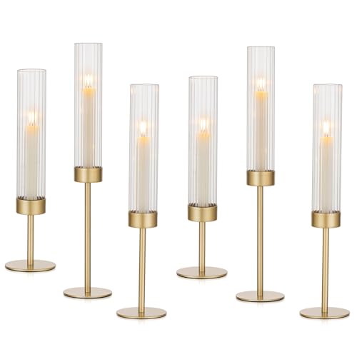 Hewory Kerzenständer Gold Glaszylinder für Kerzen: Set of 6 Metall Kerzenhalter Stabkerze für Wohnzimmer Deko Vintage Stabkerzenhalter mit Windlicht Glas Groß für Weihnachten, Hochzeit