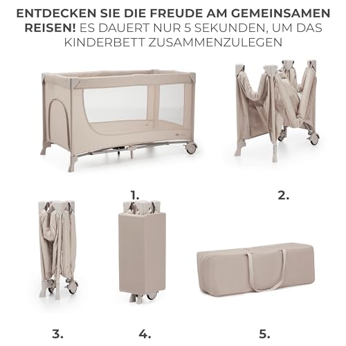 Kinderkraft Joy 2 Kinderbett, 2 in 1 Kinderreisebett, Babybetten, Kinderbett, Reisebett, Modernes Design, Kleine Abmessungen nach Zusammenklappe, Räder, Beige