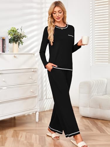 Besshopie Womens Pajamas Sets 2 Piece PJS Crewneck Long Sleeve Sleepwear Comfy Pants Lounge Set with Pockets3