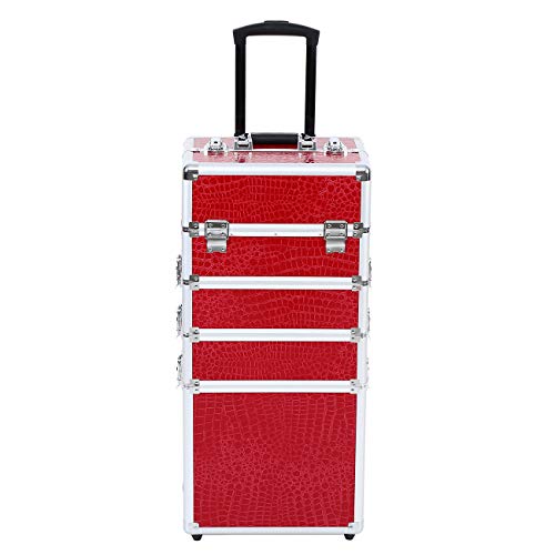 MuGuang Mallette Valise de Maquillage, 5 en 1 Boîte à Maquillage Valise à Roulette avec Poignée Rétractable 6 Jeux de Clé pour Rangement Professionnel Personnel de Matériel Cosmétique (Rouge)