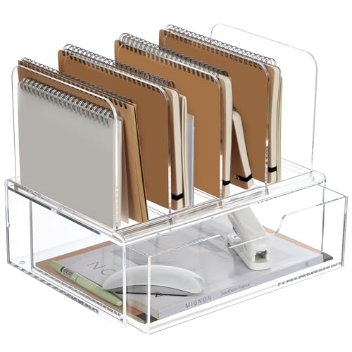 DINGHUO Acrylic Desk Organizers and Accessories, Clear Paper File Folder Organizer Letter Tray Sliding Drawer with 4 Upright Sections File Holder, Office Supplies Workspace Organizers - 1 Pack