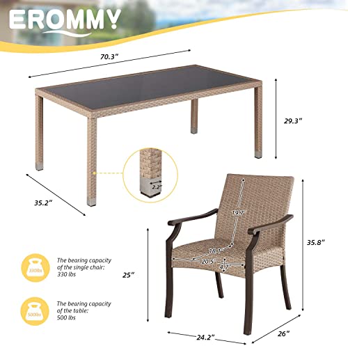 Erommy 7 Piece Patio Dining Set, Outdoor Rattan Dining Table And Chairs With Tempered Glass Table Top, Chairs Built-In Waterproof Upholstery, Suitable For Patio, Deck, Balcony #TOP5
