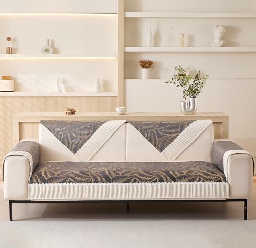 Image of House of Quirk Leaf Pattern Chenille Fabric Sofa Cover Set - 3-Piece Anti-Slip Furniture Protector for Two-Seater Sofa (2 Armrest Covers 50x70cm + 1 Seat Cover 90x120cm, Grey)