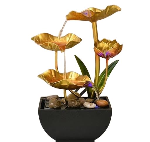 PARSHOP Metal Tabletop Water Fountain - Ornaments with Waterfall Desktop Fountains, Deep Basin and Natural River Rocks, Indoor Zen Relaxation for Office, Bedroom Decor Item (Golden, 1 PCS)
